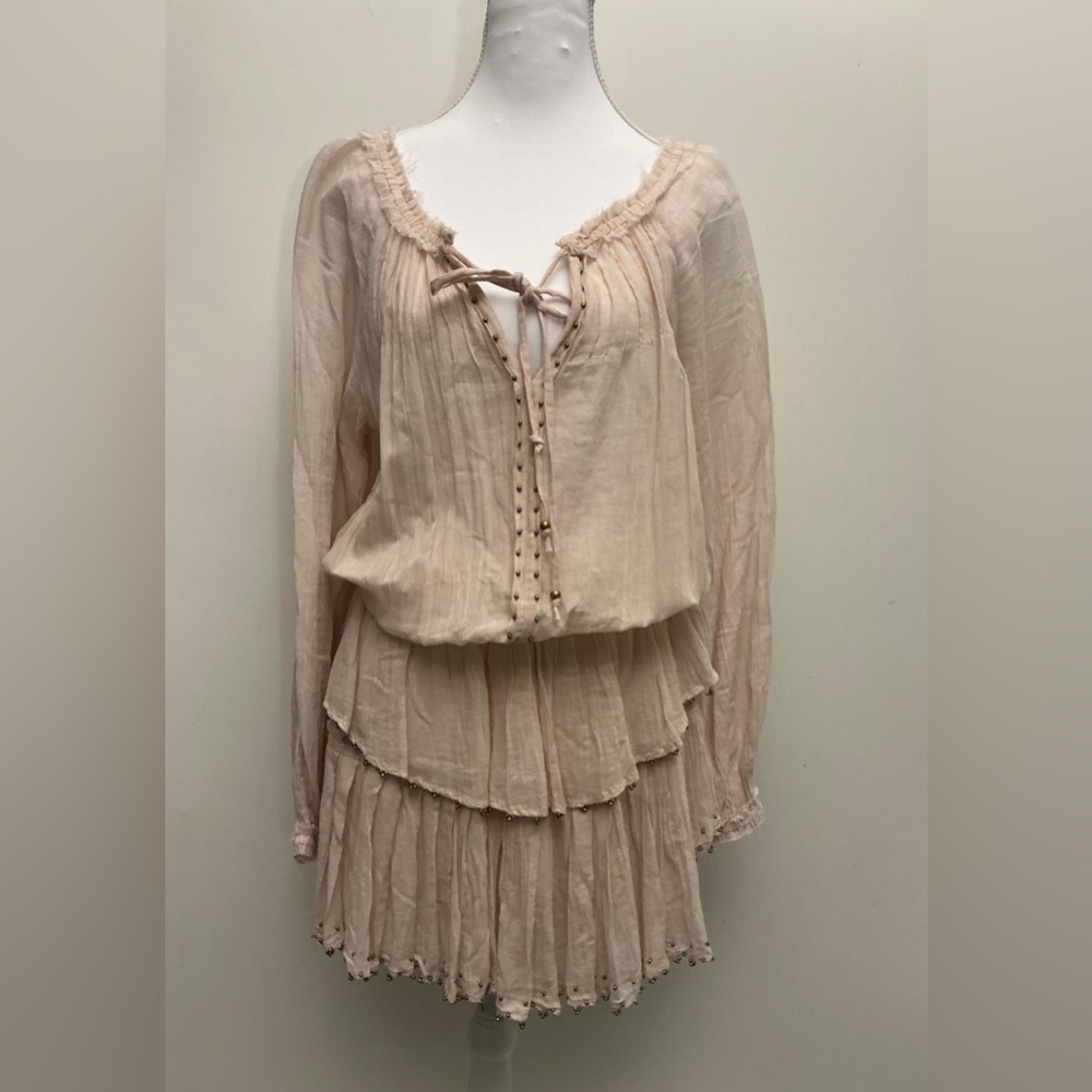 LoveShackFancy Soft Blush Tiered Lace-Up Peasant Dress